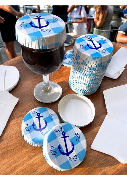 Deniz Çapası Desenli Kağıt Bardak Kapağı 75 mm 100 Adet fiyatları