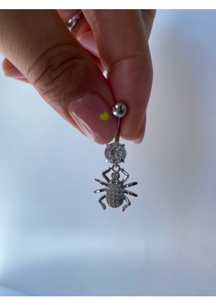 Zirkon Taşlı Örümcek Motifli Sallantılı Çelik Göbek Piercing Gümüş Renk modelleri