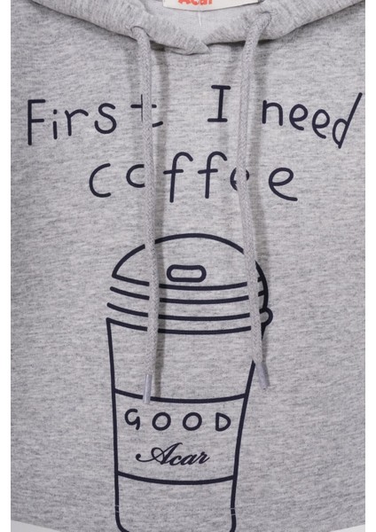 Kapüşonlu Sıfır Kol Coffee Baskılı Gri Melanj Renk Kız Çocuk Sweatshirt