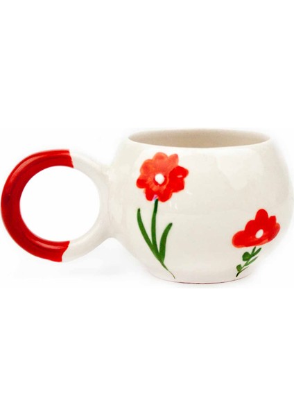 Kırmızı Çiçekli El Boyama & Kabartma Desen Krem Parlak Baloncuk Fincan