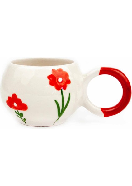 Kırmızı Çiçekli El Boyama & Kabartma Desen Krem Parlak Baloncuk Fincan fiyatları