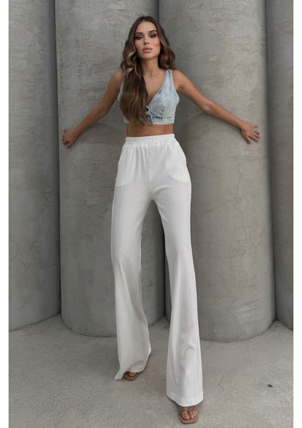 Yumuşacık Yüksel Bel Geniş Paça Likralı Jarse Pantolon Flared modelleri