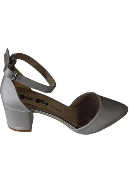 Yazkış Kadın Beyaz Gümüş Saten 5cm Kalın Topuk Yanları Açık Önü ve Arkası Kapalı Kalın Topuk Ayakkab fiyatları