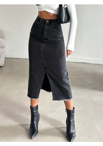 Kadın Denim Pamuklu Yırtmaçlı Uzun Siyah Etek