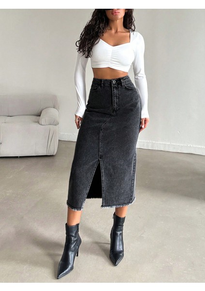 Kadın Denim Pamuklu Yırtmaçlı Uzun Siyah Etek fiyatları