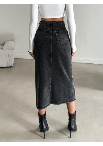 Kadın Denim Pamuklu Yırtmaçlı Uzun Siyah Etek indirimleri