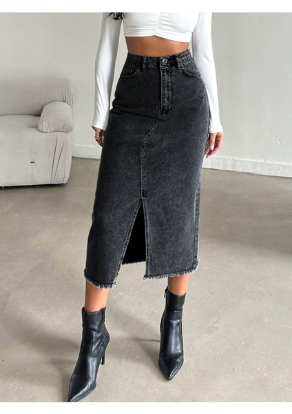 Kadın Denim Pamuklu Yırtmaçlı Uzun Siyah Etek fırsatları