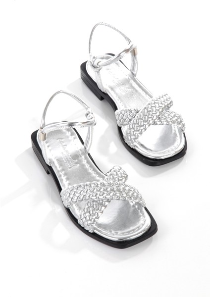 MİA026-1560 Kadın Gümüş-Siyah El Örgülü Abiye Günlük-Düğün-Eğlence-Tatil Sandaleti modelleri