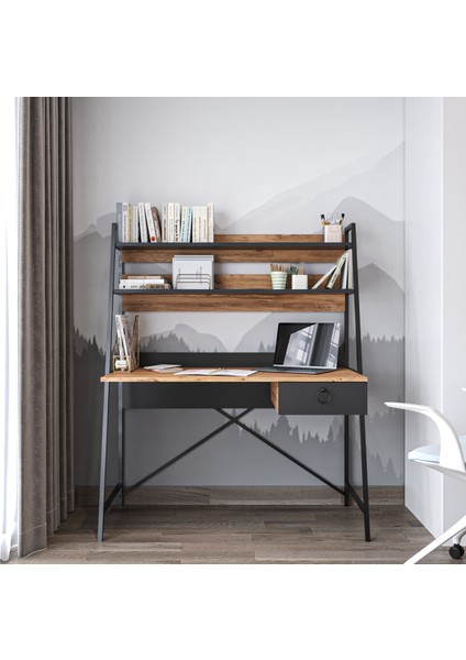 Crow Çalışma Masası , Metal Ayaklı Çalışma Masası, Raflı Çalışma Masası, Atlantik Çam-Siyah