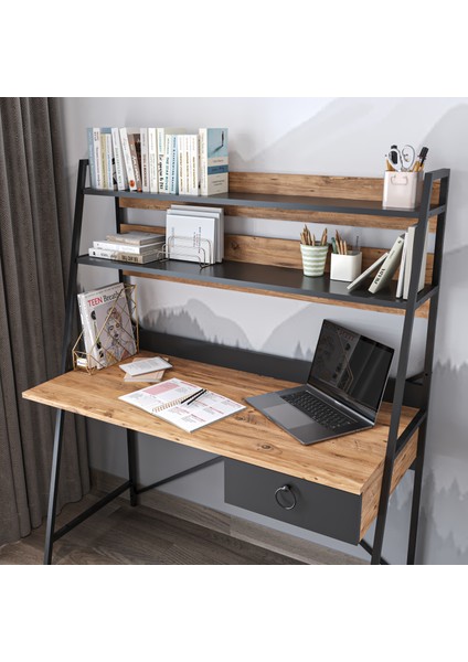 Crow Çalışma Masası , Metal Ayaklı Çalışma Masası, Raflı Çalışma Masası, Atlantik Çam-Siyah modelleri