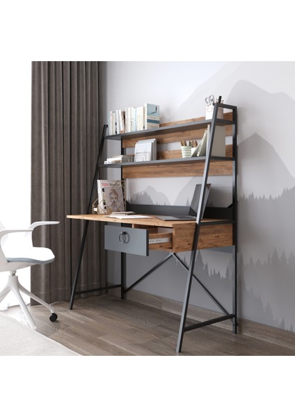 Crow Çalışma Masası , Metal Ayaklı Çalışma Masası, Raflı Çalışma Masası, Atlantik Çam-Siyah fırsatları
