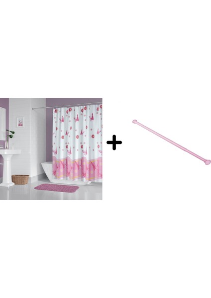 Banyo Duş Perdesi 2881 180X200 Perde Borusu Askı Aparatı Pembe 160X260 Hediyeli