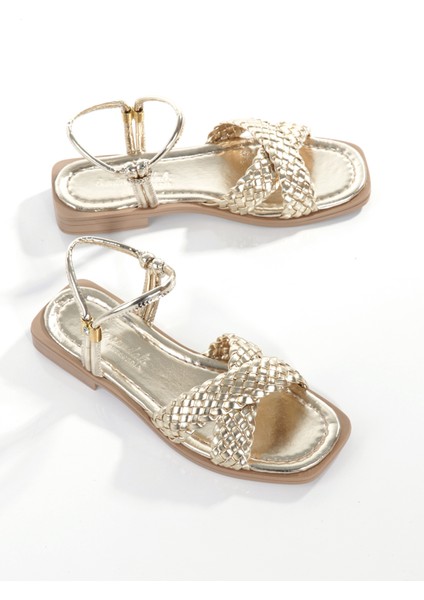 MİA026-1560 Kadın Altın El Örgülü Abiye Günlük-Düğün-Eğlence-Tatil Sandaleti modelleri