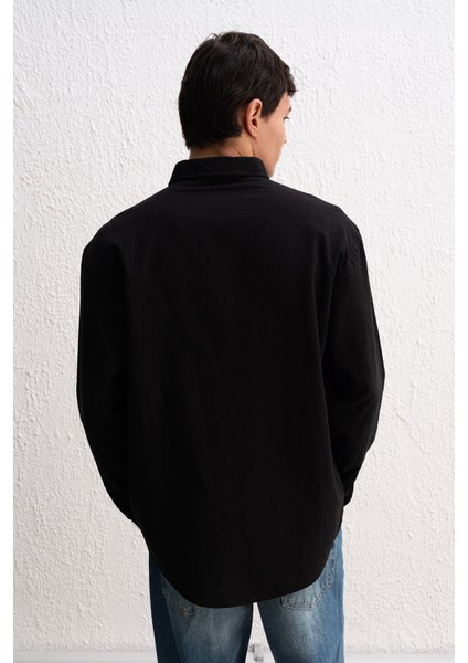 Oversize Dökümlü Hafif Keten Gömlek