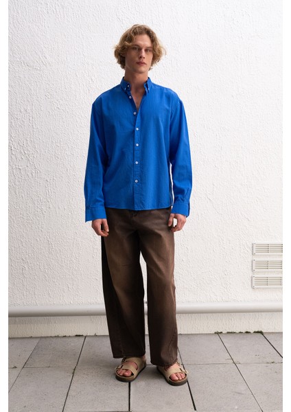 Oversize Dökümlü Hafif Keten Gömlek
