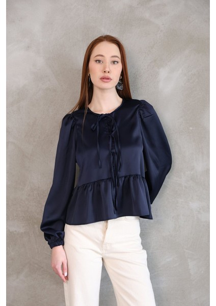Yaka Biye Etek Büzgülü Tunik-Lacivert