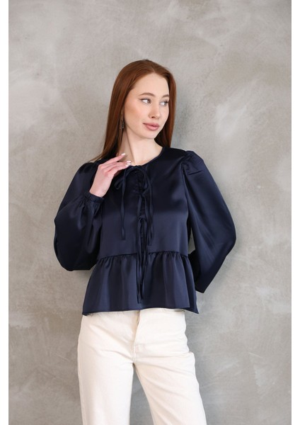 Yaka Biye Etek Büzgülü Tunik-Lacivert fiyatları
