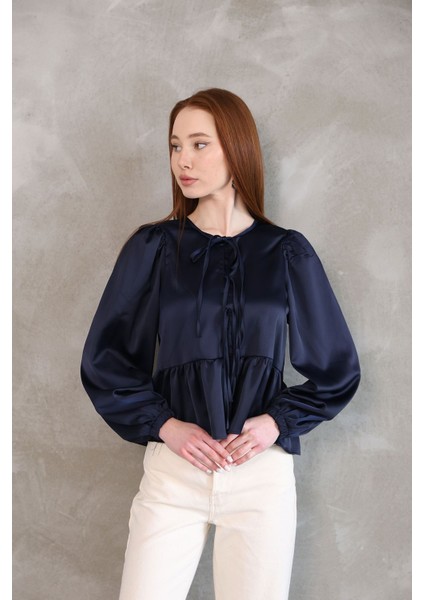 Yaka Biye Etek Büzgülü Tunik-Lacivert modelleri