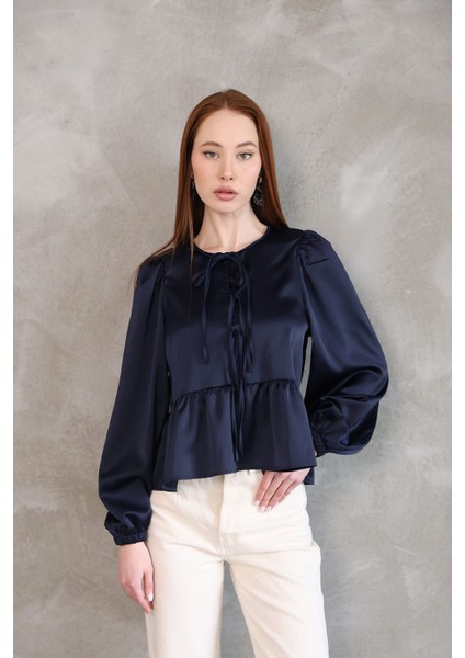 Yaka Biye Etek Büzgülü Tunik-Lacivert indirimleri