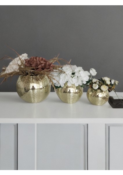 Işıltı Home Desıgn Aynalı Cam Vazo yuvarlak Açık Gold 3 Lü Set
