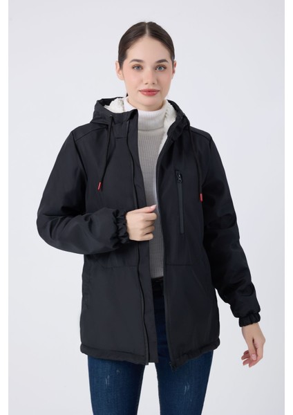 Kadın Siyah Içi Kürklü Su ve Rüzgar Geçirmez Kapüşonlu Kışlık Mont & Kaban & Parka