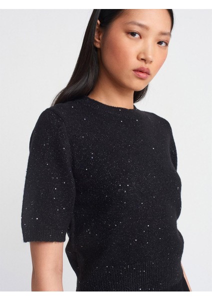 10703 Bisiklet Yaka Pullu Simli Triko Kazak