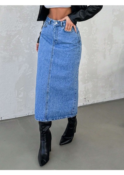 Kadın Denim Pamuklu Yüksek Bel Uzun Etek