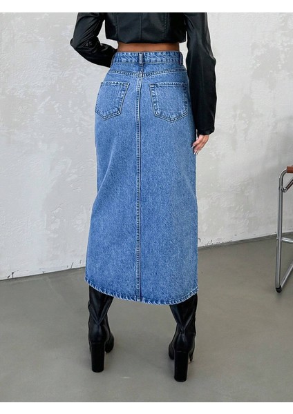 Kadın Denim Pamuklu Yüksek Bel Uzun Etek fırsatları
