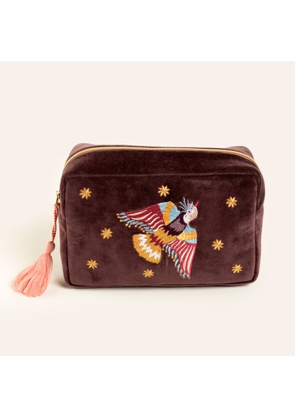 Delhı Nakışlı Büyük Boy Pamuk Pamuk Makyaj Çantası 23x15 Cm Bordo