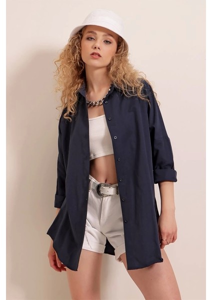 3900 Oversize Uzun Basic Gömlek - Lacivert