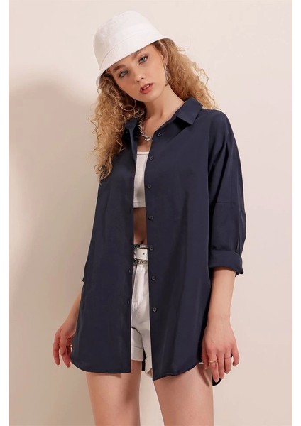 3900 Oversize Uzun Basic Gömlek - Lacivert