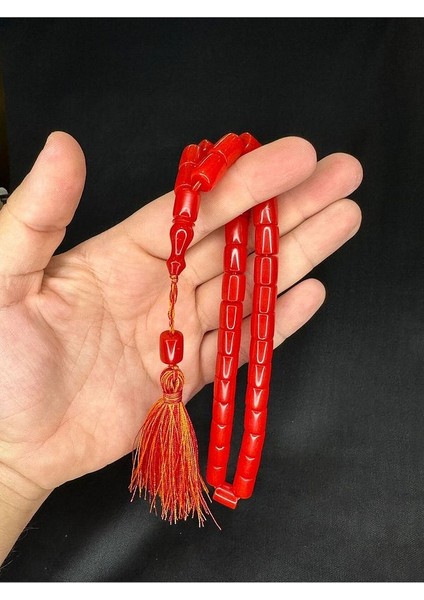 Sıkma Kehribar Tesbih Kırmızı Renkli Kesme Kesim 11MMX9MM T-641 modelleri