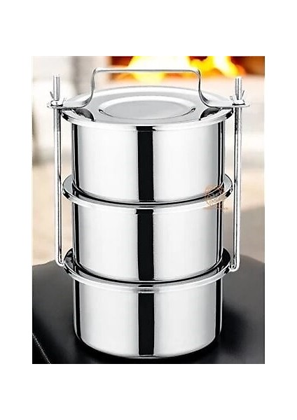 Paslanmaz Çelik Sefer Tası - 30 x 14 cm 3 Katlı, Kapaklı, Tutmalı