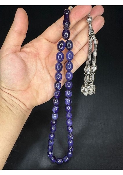 Sıkma Çubuk Kehribar Tesbih Lacivert Renkli Beyzi Kesim 14,5MMX11,5MM T-644