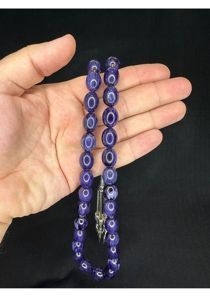 Sıkma Çubuk Kehribar Tesbih Lacivert Renkli Beyzi Kesim 14,5MMX11,5MM T-644