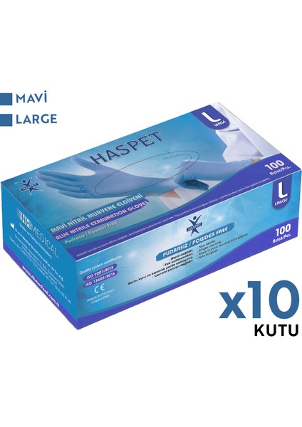 Nitril Muayene Eldiveni 100'LÜ L Büyük Boy Mavi 10 Kutu fiyatları