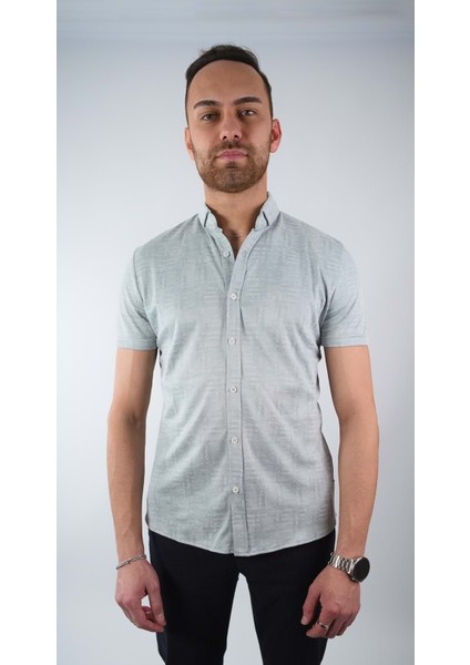 Erkek Desenli Gri Kısa Kol Gömlek