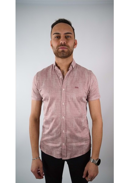 Erkek Desenli Pembe Kısa Kol Gömlek