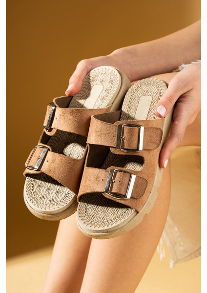 Çift Ayarlanabilir Tokalı Önü Açık Kadın Terlik 020-729-25SÜET