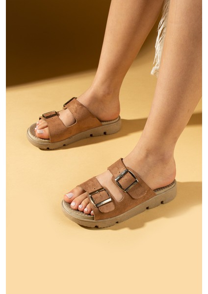 Çift Ayarlanabilir Tokalı Önü Açık Kadın Terlik 020-729-25SÜET modelleri