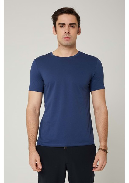Sıfır Yaka Bisiklet Yaka Penye Likralı Indigo Erkek Tshirt