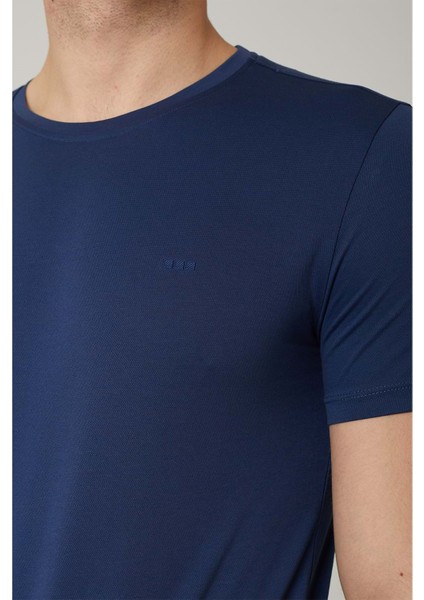 Sıfır Yaka Bisiklet Yaka Penye Likralı Indigo Erkek Tshirt