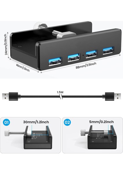 5gbps USB 3.0 Hub Kelepçe Adaptörü, Ekstra Güç Kaynağı Bağlantı Noktası ve 4.92 Ft USB Veri Kablosu ile Alüminyum 4 Portlu USB Bölücü, USB Genişletici MH4PU Siyah Renk modelleri