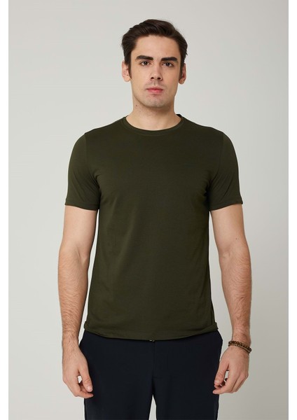 Sıfır Yaka Bisiklet Yaka Penye Likralı Haki Erkek Tshirt