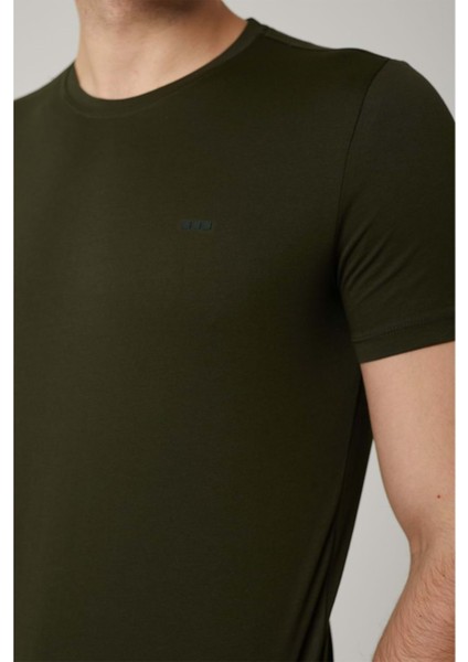 Sıfır Yaka Bisiklet Yaka Penye Likralı Haki Erkek Tshirt
