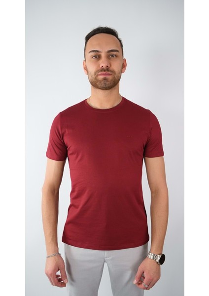 Sıfır Yaka Bisiklet Yaka Penye Likralı Bordo Erkek Tshirt