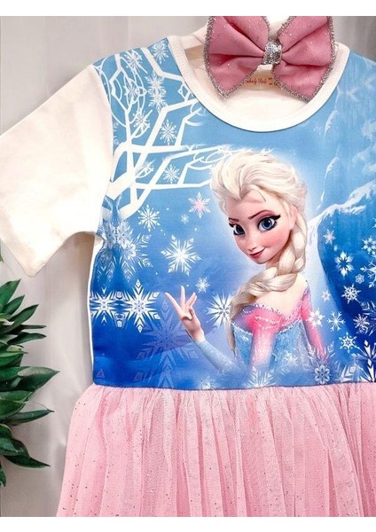 Kız Çocuk Frozen Baskılı Tütülü Yarım Kollu Saç Bantlı Elbise