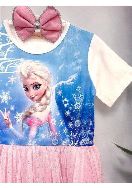 Kız Çocuk Frozen Baskılı Tütülü Yarım Kollu Saç Bantlı Elbise
