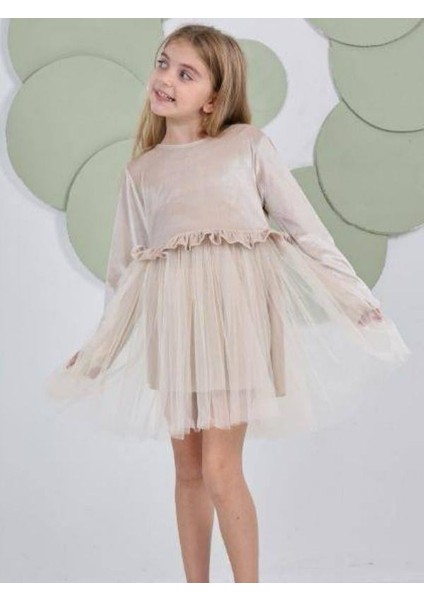 Kız Çocuk Beli Büzgülü Altı Tüllü Kadife Elbise