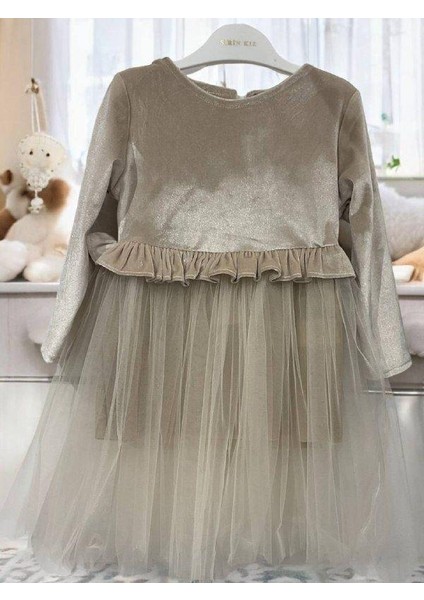 Kız Çocuk Beli Büzgülü Altı Tüllü Kadife Elbise modelleri